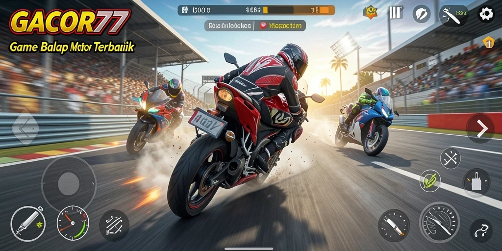 Tampilan gameplay GACOR77 yang menegangkan dan seru saat balapan motor.