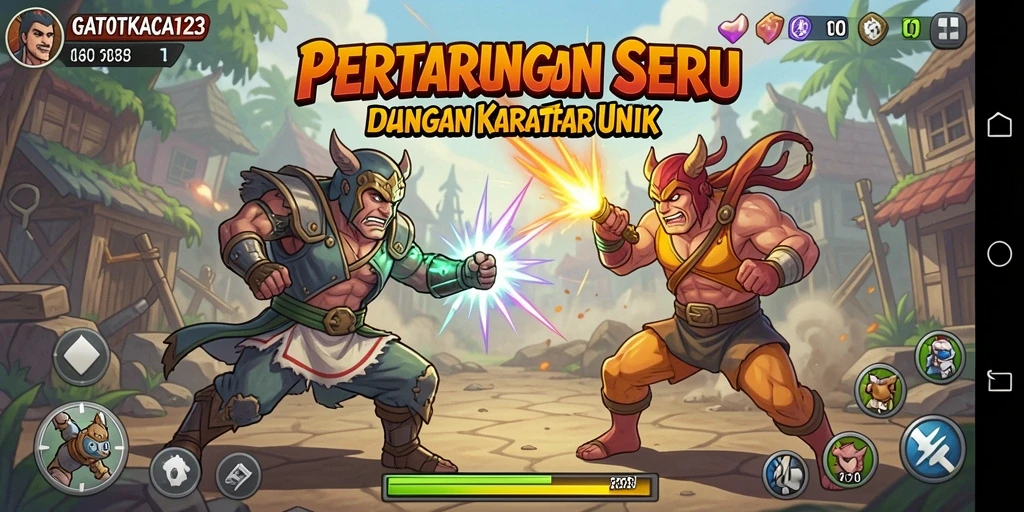 Tangkapan layar GATOTKACA123 menampilkan karakter sedang bertarung di arena yang menegangkan.