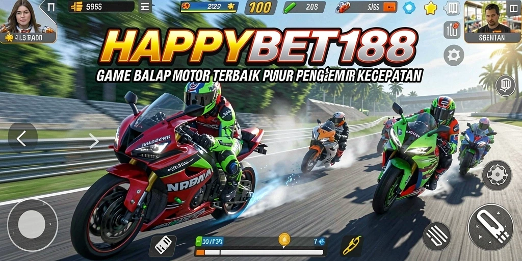 Screenshot gameplay <strong>HAPPYBET188</strong> yang menunjukkan aksi balap motor yang mendebarkan.