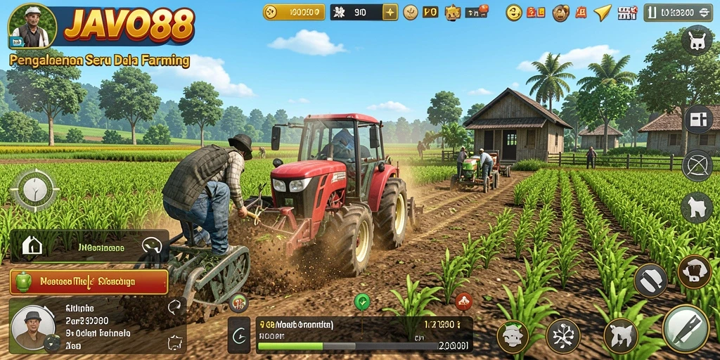 Screenshot utama JAVO88 menunjukkan pemain sedang mengelola lahan pertanian.