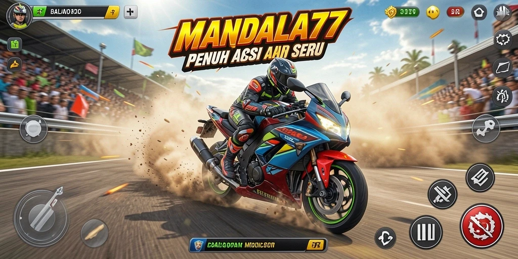 Tampilan gameplay MANDALA77 yang memikat dan penuh aksi balapan motor.
