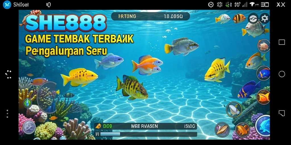 Screenshot gameplay SHE888 menampilkan aksi seru menembak ikan.
